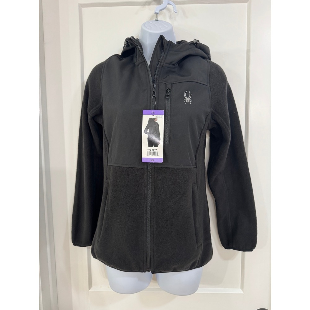 Spyder Womens Black Hybrid Fleece Softshell Full Zip Hooded Jacket XS 1899946